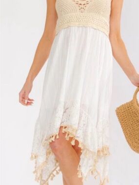 Boho Asymmetrical Crochet-Top Dress in Cream NWT